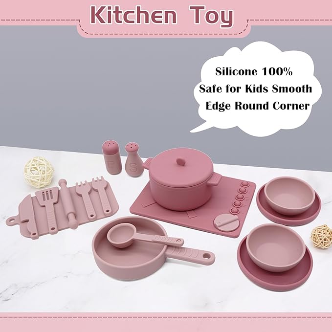 Play Kitchen Accessories, Silicone Pretend Play Kitchen Toys Set, Play Kitchen Pots and Pans Set for Kids, Learning Education Cooking Toys for Girls(Pink)