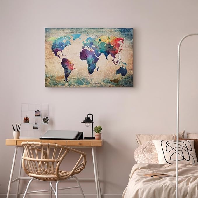 artgeist Canvas Wall Art Print World Map 35x24 in - 1pcs Home Decor Framed Stretched Picture Photo Painting Artwork Image World Travel Map Kontinente 020113-44