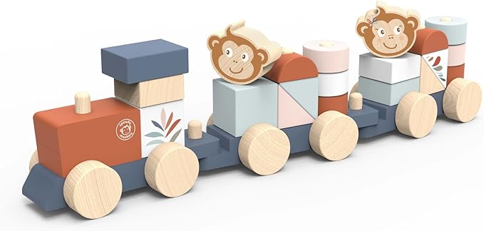 Speedy Monkey Wooden Pull-Along Train Stacker – Soft Colors, Monkey Character, Stacking Blocks, Build Houses | Non-Toxic Paint, Creative Fun, Ideal for Kids, Educational Toy for Toddlers