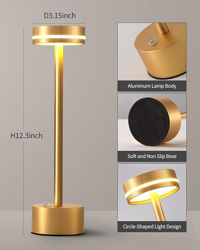 PUSU Cordless Table Lamp Set of 2, Battery Powered LED Desk Lamp Portable Table Lights 3-Level Brightness Touch Control, Lighting for Home Office Bedroom Hotel Restaurant Outdoor Night Light(Gold)