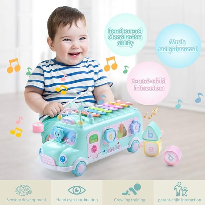 Baby School Bus Xylophone Toy for Toddlers 1-3, 5-in-1 Montessori Musical Bus Toys Gifts for 1 Year Old Baby Girl, Shape Sort Toys Knocking Xylophone Educational Instruments Birthday Gift Boy Girl