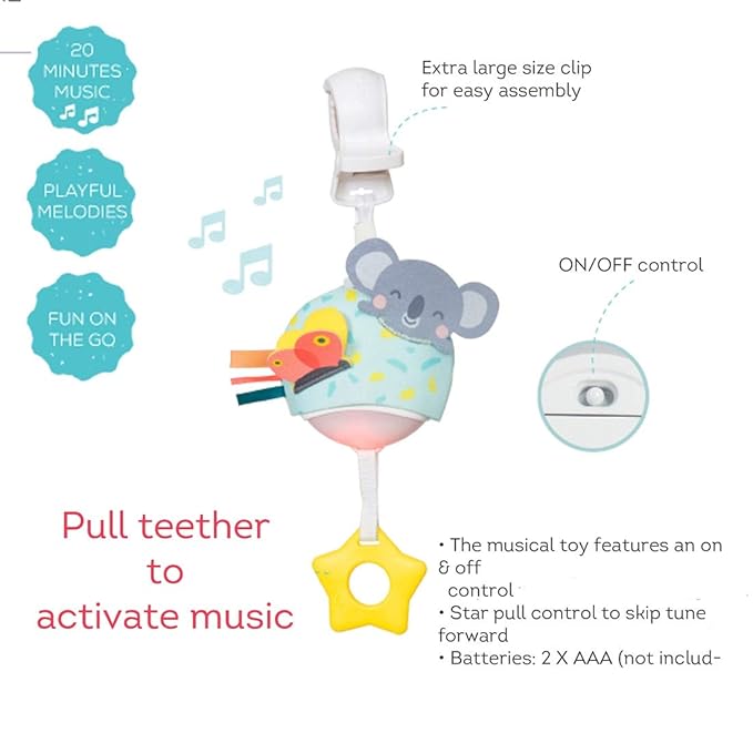 Taf Toys Musical Koala, On-The-Go Pull Down Hanging Music and Lights Infant Toy | Parent and Baby’s Travel Companion, Soothe Baby, Keeps Baby Relaxed While Strolling, for Newborns and Up