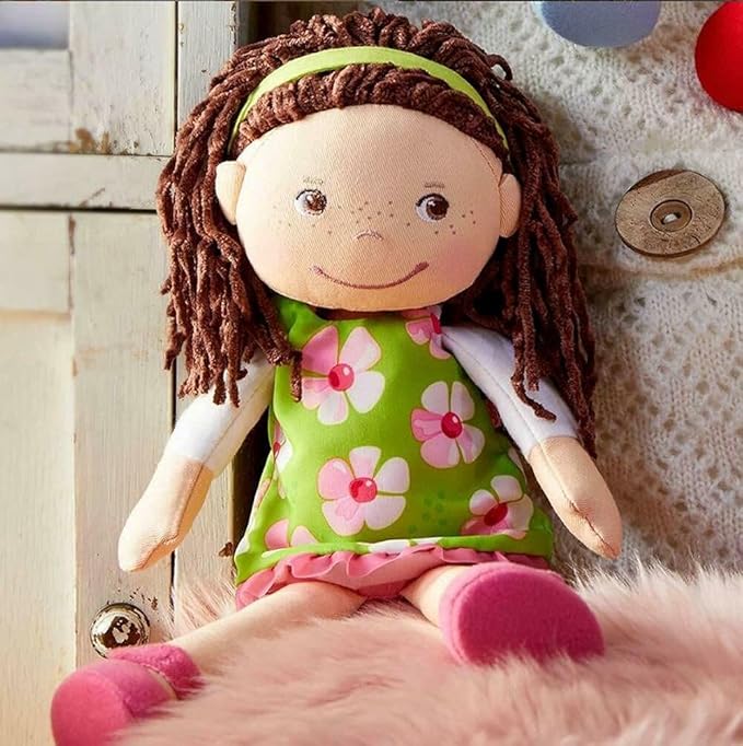 HABA Coco 12" Soft Baby Doll with Brown Hair, Embroidered Face, Removable Green Dress, Matching Headband - Machine Washable Toddler Doll - 18 Months+