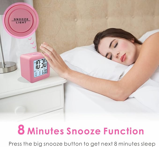 Plumeet Digital Alarm Clock Kids Clock with Snooze and White Nightlight - Easy Setting Travel Alarm Clocks Display Time, Date, Alarm - Ascending Sound - Battery Powered (Baby Pink)
