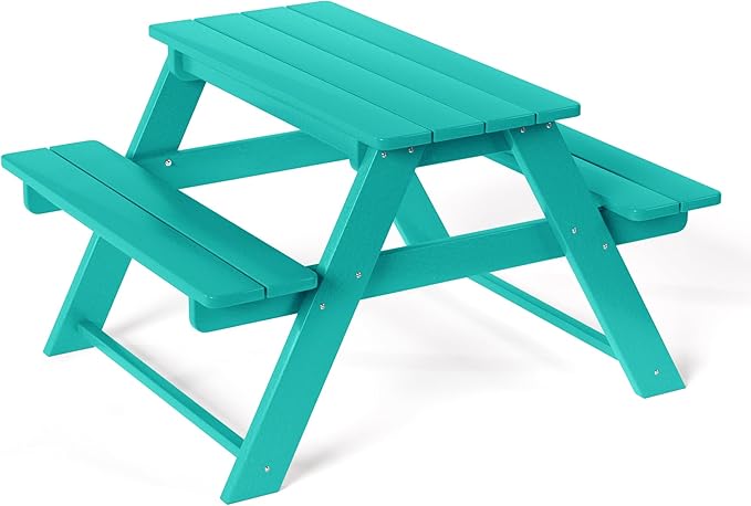 Costaelm Kids Picnic Table, HDPE All Weather Outdoor Toddler Picnic Table and Chair Set Kids Bench for Patio, Backyard, Garden, Lawn, Turquoise