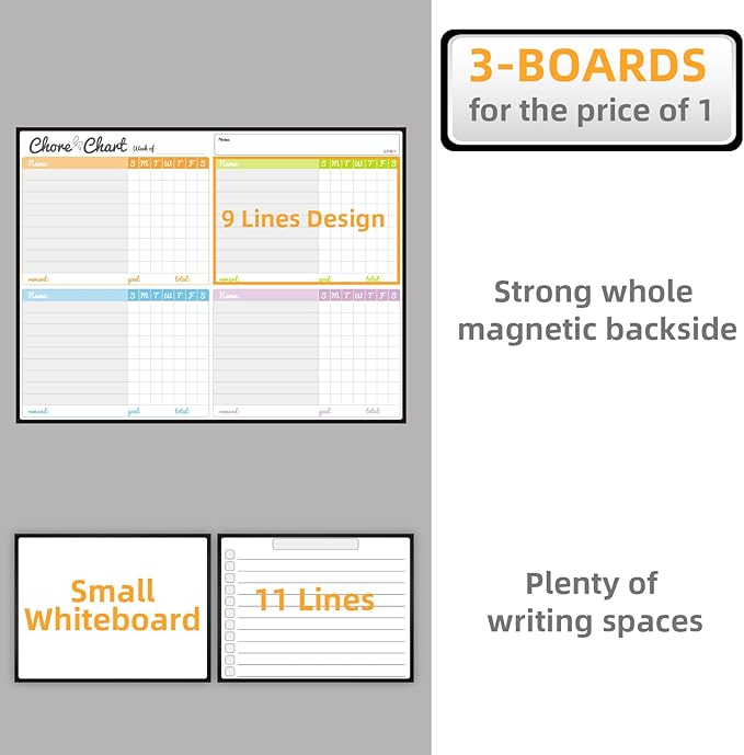 JJPRO Magnetic Dry Erase Chore Chart Set for Fridge-Used for Multiple Kids-One Chore Chart and Two Bonus Dry Erase Pad/Grocery Boards-Behavior Chart for Multiple Kids