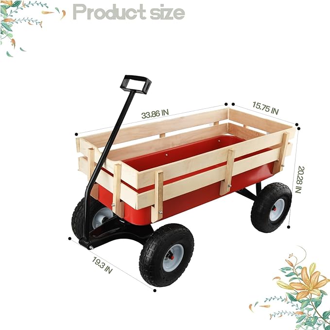 Pull Along Wagon Heavy Duty All-Terrain Cargo Wagon Outdoor Cart with Removable Wooden Side Panels,Big Tires and Wide Grip Handle for Towing Toys,Garden Tools,33x15.7x19.6 Inches