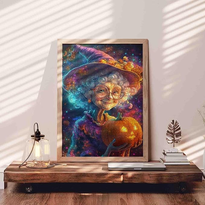 Grandma Witch Holding Pumpkin Lantern in Cosmic 1000 Piece Jigsaw Puzzle for Adults Students 20×27 Inches Halloween Magic Puzzle with Stars and Galaxy Background Unique Fantasy Gift for Home Decor