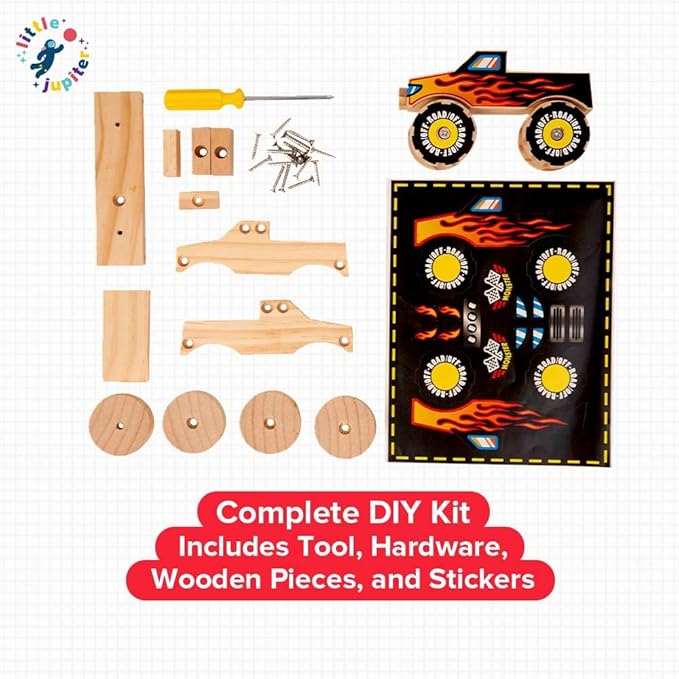 Little Jupiter DIY Wooden Kits w/Stickers - Kids Building Kit - Stem Toys for Ages 4-7 - Wood Crafts for Kids - Woodworking Kits (Monster Truck 1 & Race Car)
