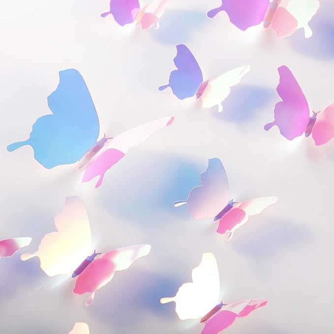 BBTO 48 Pieces Butterfly Wall Decor DIY Mirror 3D Butterfly Stickers Removable Decals for Home Bedroom School Bathroom Living Room Decor(Transparency Colorful Pink)