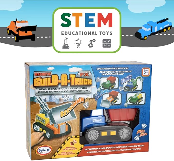 Popular Playthings Magnetic Build-a-Truck Construction Set of 4 Construction Vehicles with Real Construction Site Sounds