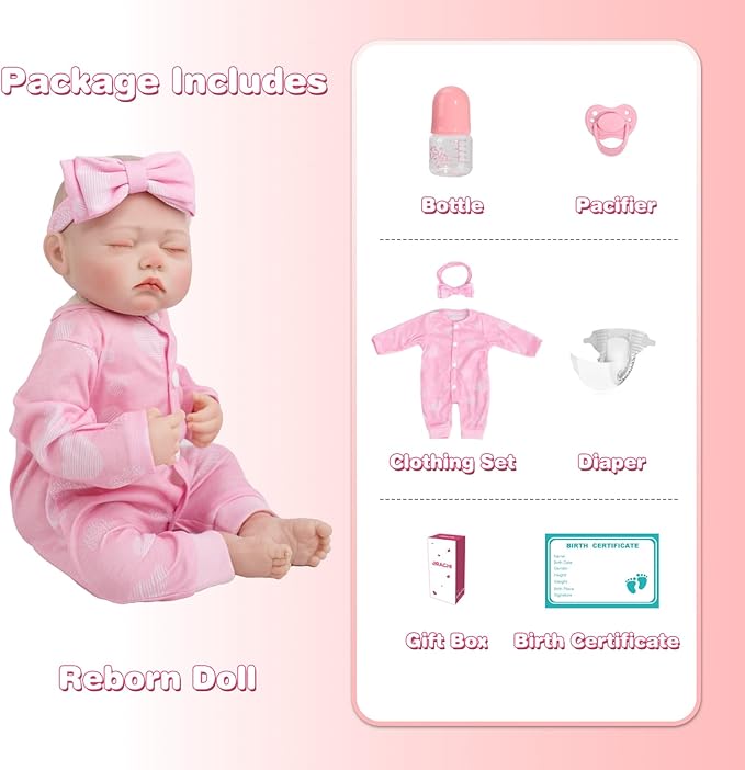 Jirachi Realistic Reborn Baby Dolls, Sleeping Baby Pink Girl Real Life Soft Cloth Body, 18 Inch Lifelike Reborn Baby with Feeding Accessories for Kids