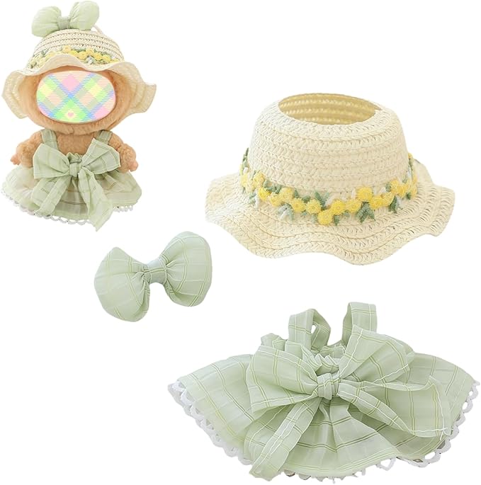 Clothes for Dolls Accessories (No Doll), Kawaii Hat Skirt Outfit Set 3 Pieces for 15cm 17cm Doll Suit, Stylish Bowknot Dolls Hat Clothing Set Replacement Green
