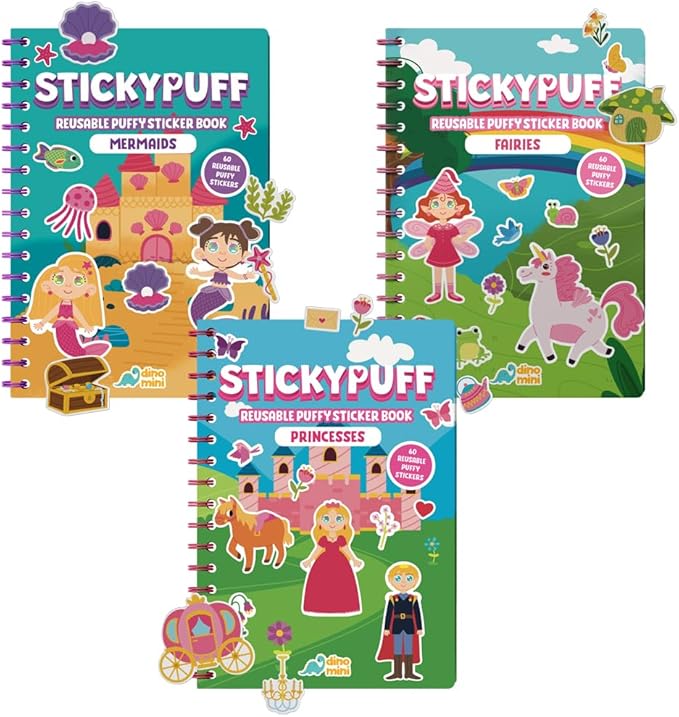Stickypuff Value Pack - 3 Reusable Puffy Sticker Book for Toddlers - Puffy Stickers for Toddlers - Travel Activities for Kids Ages 4-8 - Screen Free Birthday Gifts (Wonderland)