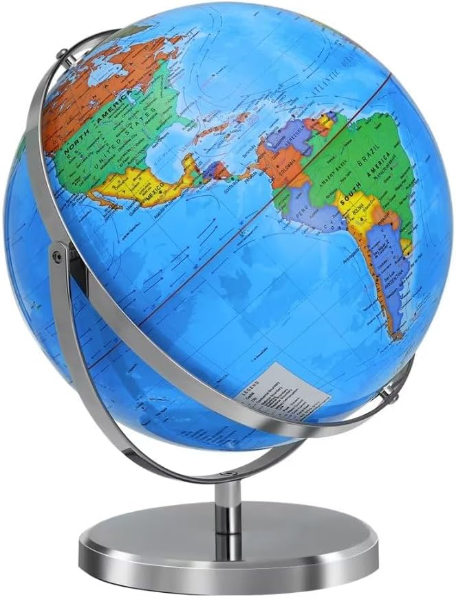 World Globe with Stainless Steel Stand 13 inch, 720 Rotating & HD Waterproof Material, Teaching/Geographic/Decorative Globes with Clear Text for Elementary, Classroom, Home, School, Office