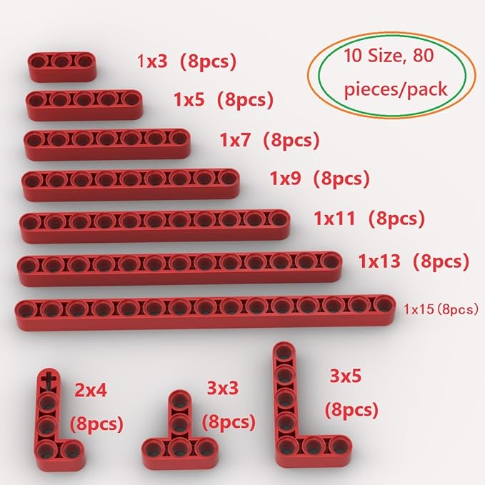 Red Liftarms Thick Bulk Assortment Pack, 80 Pieces Red Liftarms Beams with 10 Size, Compatible with Lego Parts and Pieces(Color: Red)