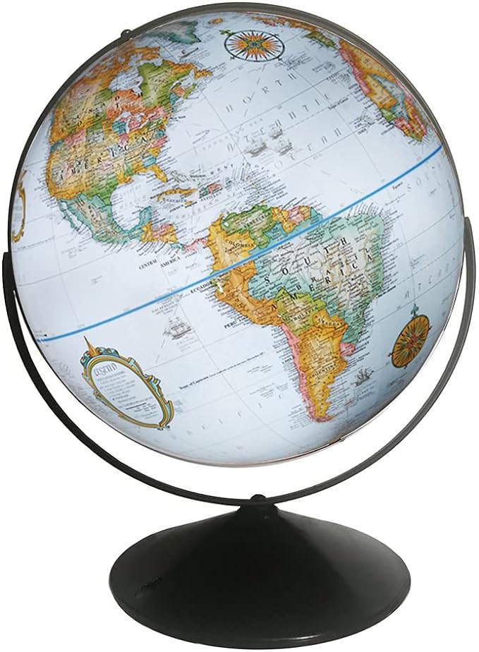 Replogle Eureka 16 inch desktop globe with up to date antique raised relief map and full swing gyromatic assembly. The beautiful blue ocean globe ball has vast amounts of up-to-date information will peak the interest of any geographical connoisseur of ...