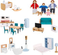 OOOK Wooden Dollhouse Furniture Set for Kids, 26 Pcs Dollhouse Accessories with 4 Family Dolls and Dog, Miniature Doll House Furniture Toys Pretend Play Set for G irls Boys Age 3+