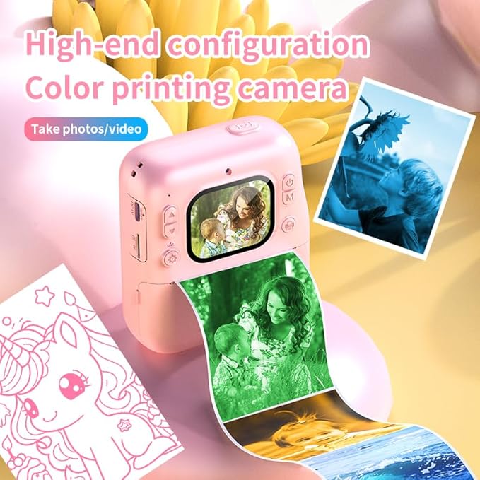 Kids Instant Print Camera, 1080P HD Kids Camera Instant Print, Includes 32GB SD Card, Adapter & 4 Zink Paper Rolls, Best Christmas or Birthday Gift for Girls Boys Age 3-12（Pink）