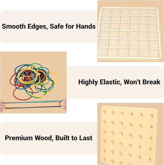 2-in-1 Wooden Geoboard & Mosaic Geometric Shape Pattern Blocks Puzzle,Double-Sided Montessori with 120 PCS Blocks, 40 Rubber Bands, 30 Cards,Brain Teaser