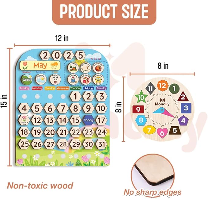 Interactive Calendar for Kids Ages 3+, Wooden Toddler Calendar, Teaching Seasons, Years, Months, Days of Week, Daily Activity Calendars for Kid Preschool & Homeschool (12 x 15 inches)