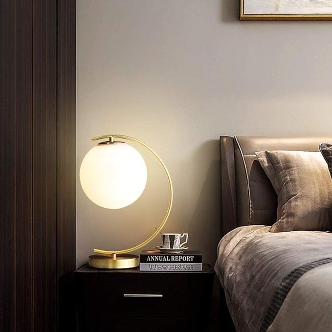 KCO Lighting Mid-Century Bedside Table Lamp Modern Glass Ball Desk Lamp Gold Reading Lamp Moon Shape Metal Table Light for Bedroom Living Room Office