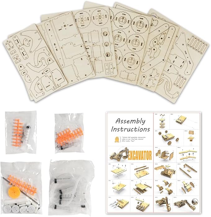 Mini Tudou 3D Wooden Construction Excavator Vehicle Toys Set, STEM Science Kit with Air Pressure System to Build A Wood Excavator Model Including 3 Replaceable Gripper & Digger for Kids Boys Girls