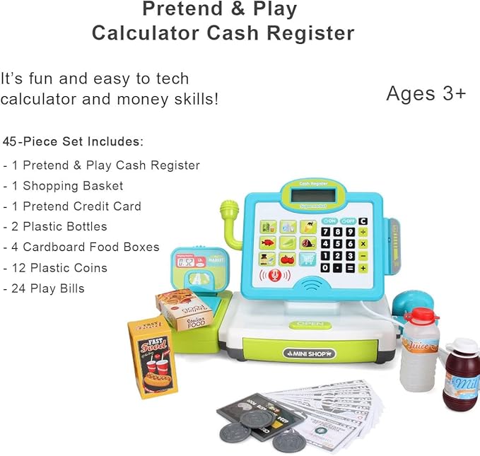 FS Pretend Play Calculator Cash Register Toy as Preschool Gift for Kids, Classic Count Toy with Sound, Microphone, Scanner, Pretend Credit Card, Play Food for Boys & Girls,45 Pieces, Ages 3 4 5 6 7