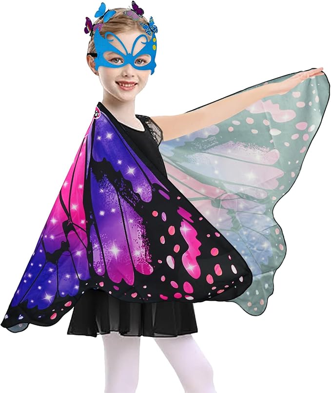 Butterfly Costume for Girls Fairy Wings Kids 4 Pcs(Cape,Skirts,Masks,Hair Clips) Butterfly Wings for Halloween Gifts