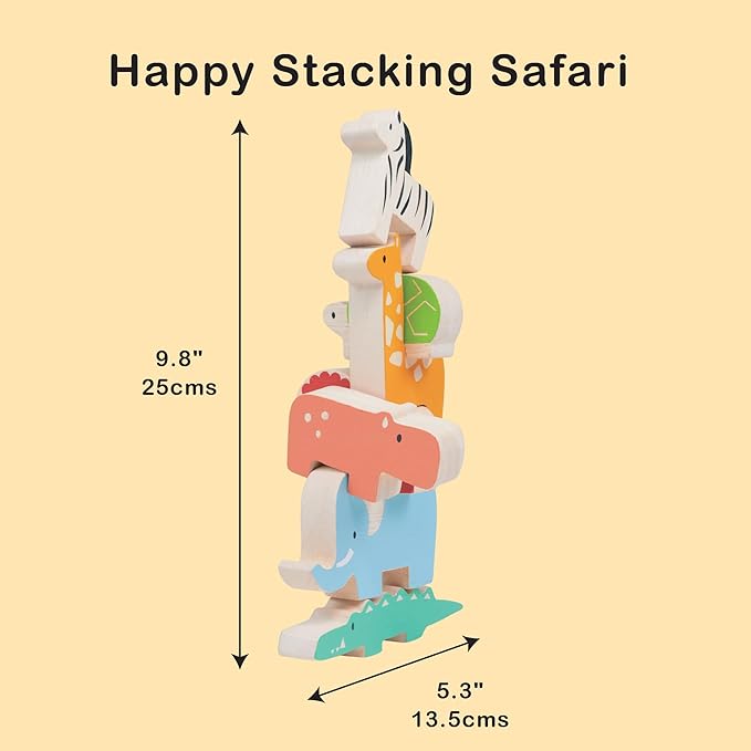Mentari Toys - Happy Stacking Safari - 7pc Wooden Stacking Toy for Toddlers - Colorful Safari Balancing Activity Toy with Bag - Boost Fine Motor Skills and Dexterity - Educational Toy - Age 18m+