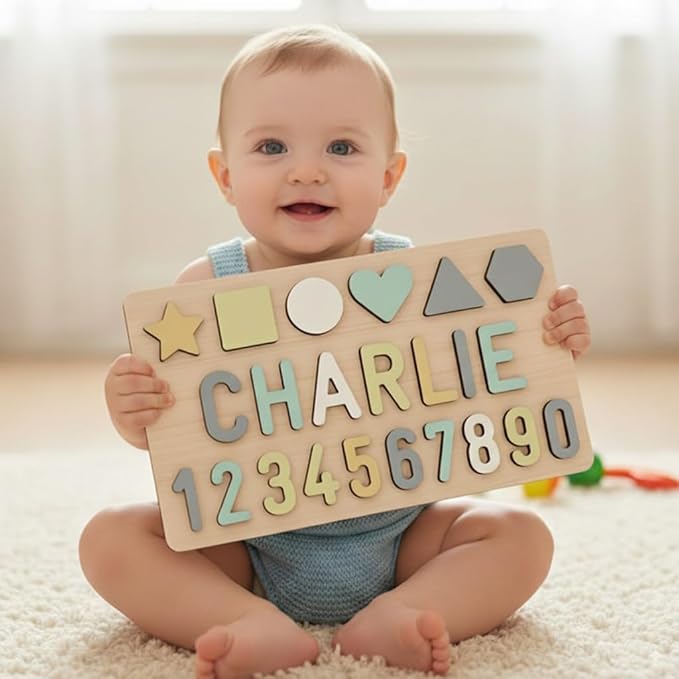 Name Puzzle for Kids Personalized Wooden Shapes Puzzles for Toddlers 1-3 Peg Puzzle Educational Toys Learning Number Customized Baby Gifts for Boys Girls First Birthday