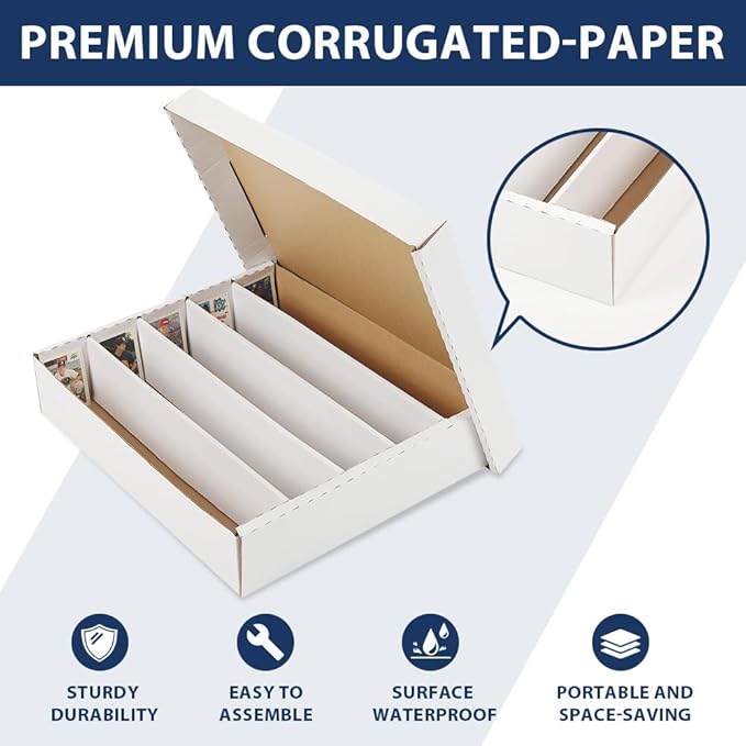 CROSSDESIGN Graded Card Storage Box Sport Trading Card Corrugated Cardboard Holder Container Holds 5000 Count(White Corrugated Paper)