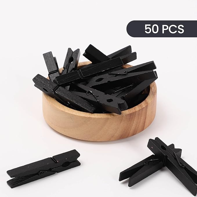 50PCS Colored Wooden Clothespins Black, 2.9inch Clothes Pins for Clip Pictures Photos Decorative, Small Colorful Wood Decoration Closepins Clips