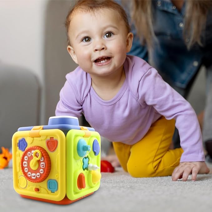 Baby Activity Cube Toy, 6-Sided Learning Toy with Gears, Shapes, Numbers and Puzzles, Multi-Colour (Blue)