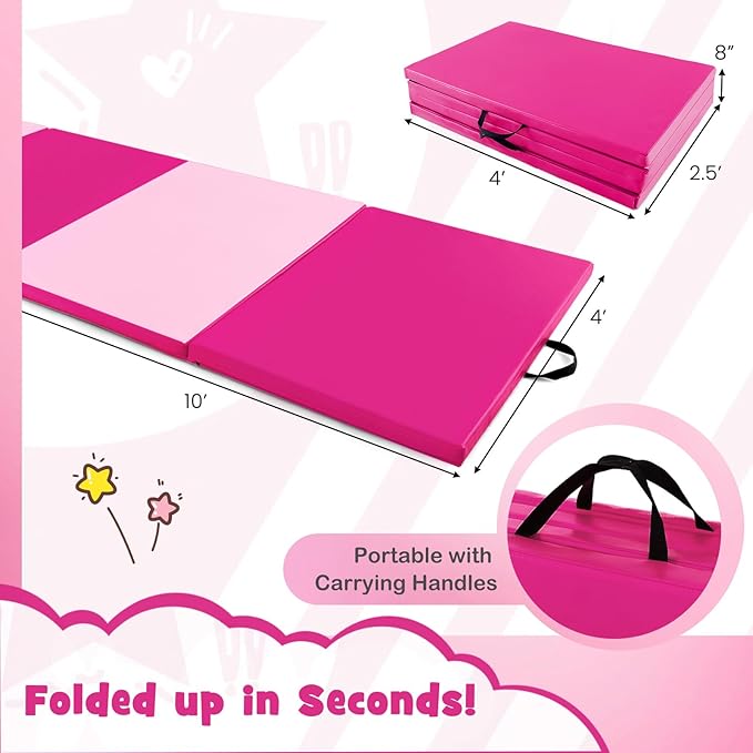 Giantex 4'x10'x 2" Gymnastics Mat, 4-Panel Folding Aerobics Exercise Mat w/Hook & Loop Fastener, Carrying Handle, Portable Tumbling Mat for Stretching Yoga Cheerleading Martial Arts