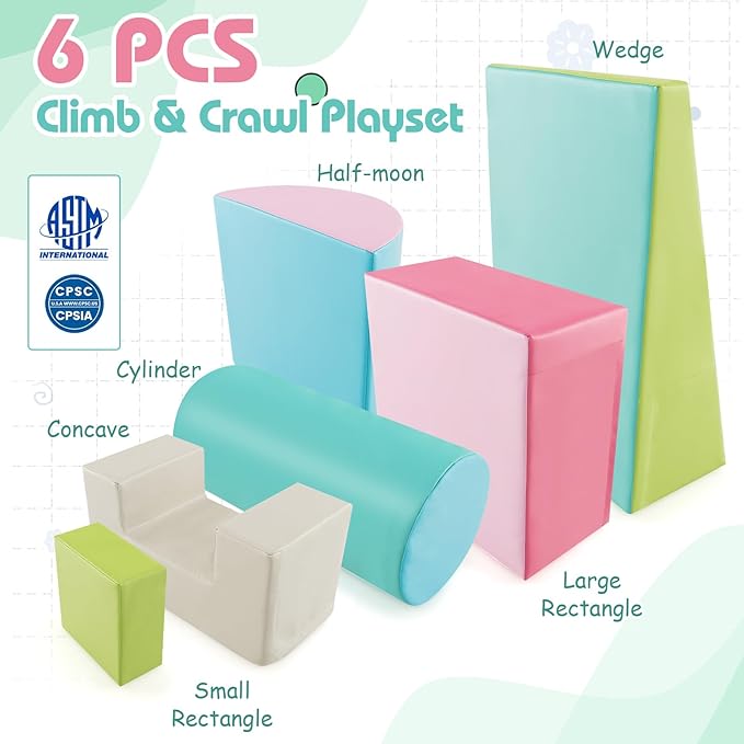 Costzon Toddler Climbing, 6 Pieces Climb and Crawl Playset with PU Cover for Baby Crawling, Climbing & Walking, Indoor Foam Climbing Blocks for Toddlers (Light Green)