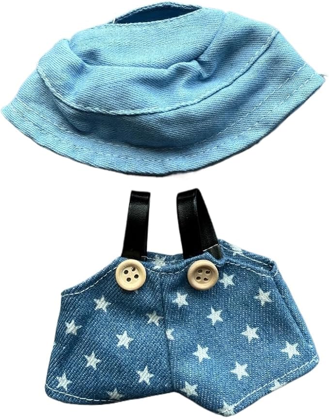 17cm Doll Clothes Set(No Doll), Hat & Overalls Set for 17cm Labubu Suit, Cute Cloth for Dress up Unique Style Dolls Outfit Stylish Clothes for Labubu (Star Denim)