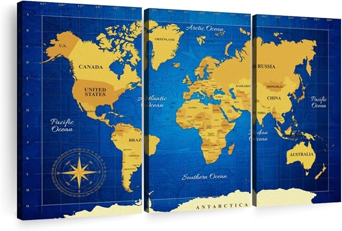 ElephantStock Yellow Longitude World Map Multi Piece Canvas - 3 Panel Wall Decor - Map of the World Art - Canvas for the Office and Home - 50" X 32"