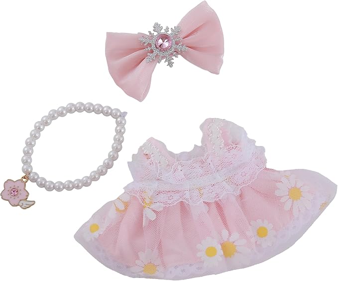 Pink 17cm Doll Clothes Set 3-Piece Doll Dress Set with Necklace and Bow Decor Accessories Clothes Only