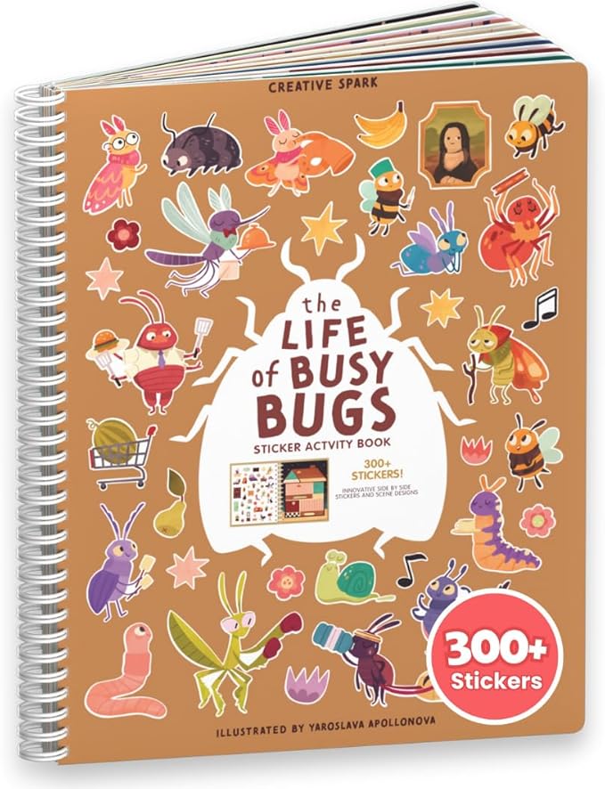 CUPKIN The Life of Busy Bugs Stickers, Toddler Sticker Book for Kids, Fun Bugs Toy, Toddler Road Trip Essentials, 300+ Girly Stickers + 8 Sticker Scenes and Coloring Pages, Bugs Stickers Ages 2+