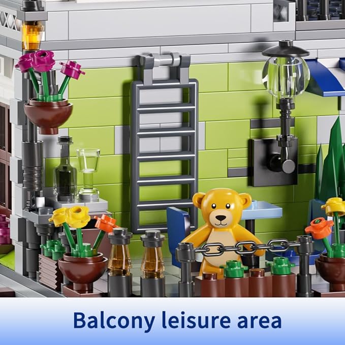 Romantic Restaurant Building Toys, Flowers City Hotel House Building Kit with Bear Mini Bricks, City Street House Construction Toys, 2107Pcs Mini Bricks