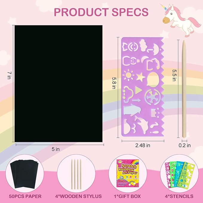 Rainbow Scratch Paper Art for Kids: 60PCS Magic Arts Crafts Gifts Toys for Girls Boys Ages 4 5 6 7 8 9 Games Activities for Birthday Family Fathers Day Christmas Stocking Stuffers Easter(Girls)