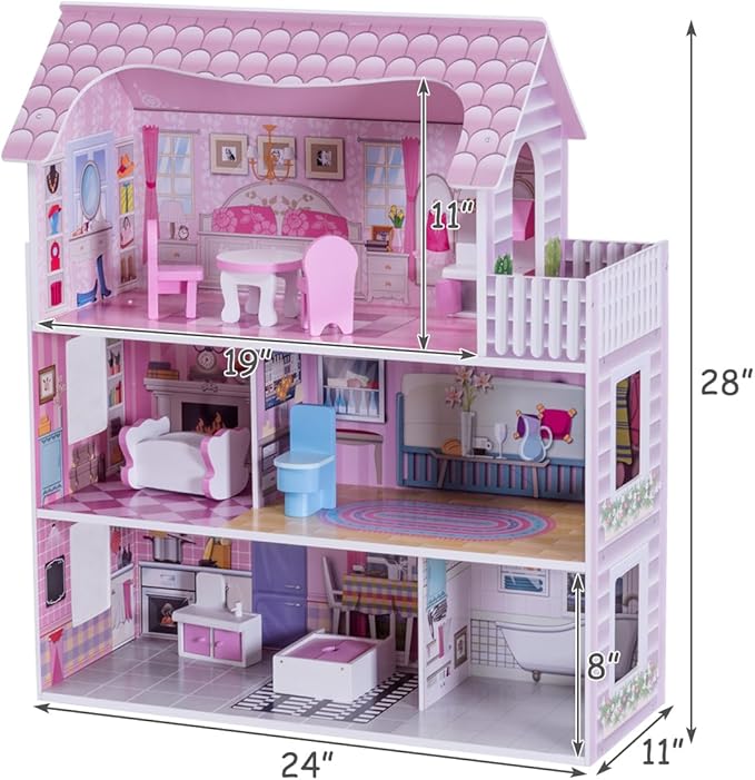 Costzon Wooden Dollhouse for Kids, 3-Story Semi-Open Doll House with 5 Rooms & 8 Pieces Furniture Accessories, Balcony, Preschool DIY Pretend Play Dollhouse Toy, Gift for Girls & Boys Ages 3+