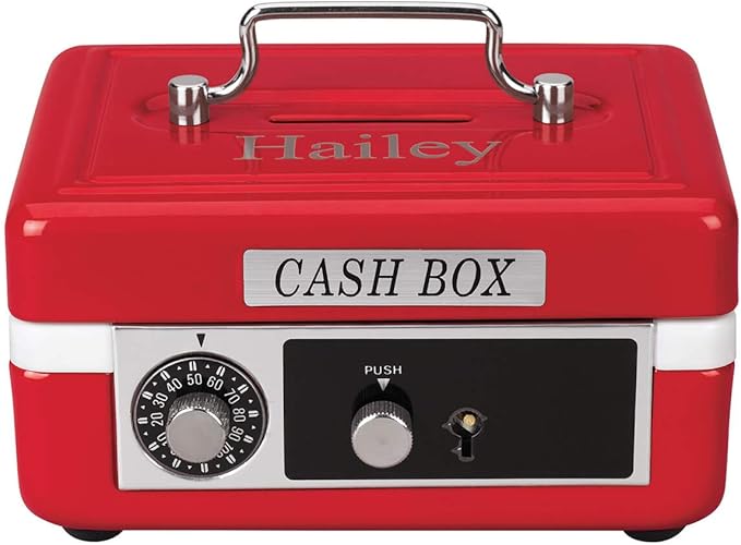 Custom Children’s Cash Box, Metal Piggy Bank Lockbox with Coin Slot, Red