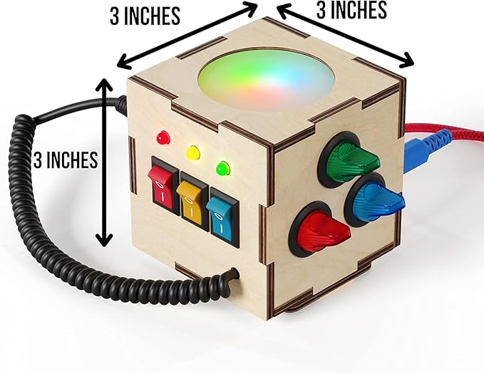 Crown Display Montessori Busy Board Fidget Cube for Toddlers {Improved 2023 Version} Wooden Sensory Activity Cube Toys LED Light Up Buttons Pluggable Wires Baby Gifts Educational Learning Toy