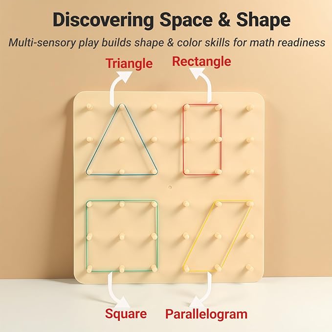 2-in-1 Wooden Geoboard & Mosaic Geometric Shape Pattern Blocks Puzzle,Double-Sided Montessori with 120 PCS Blocks, 40 Rubber Bands, 30 Cards,Brain Teaser