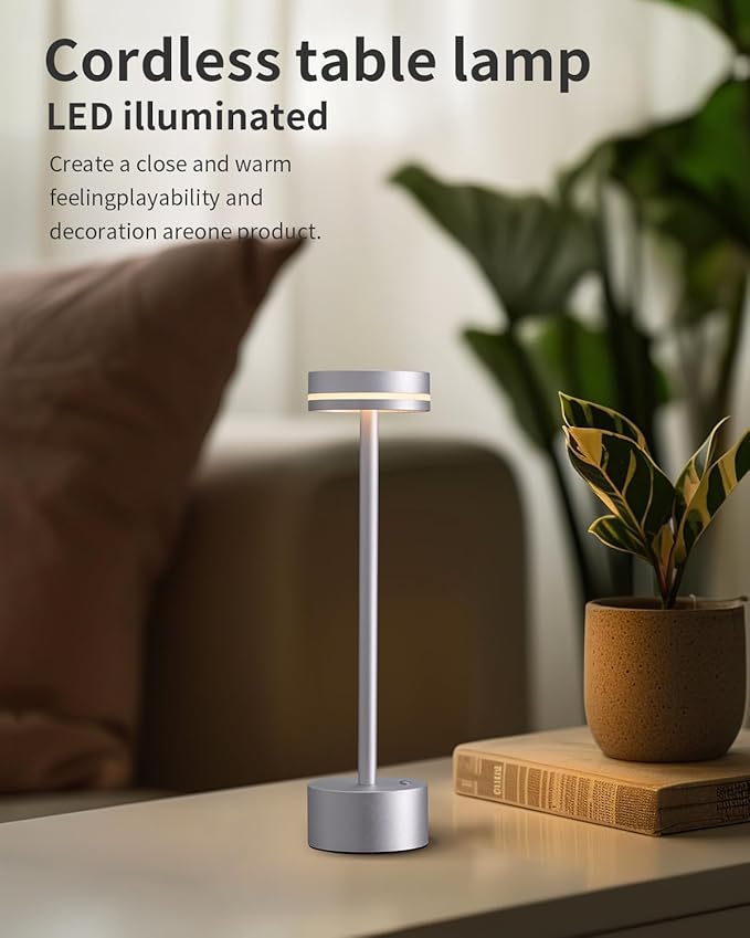 PUSU Portable Table Lamp Battery Powered LED Lamp Cordless Table Lights 3-Level Brightness Touch Control, for Home Office Bedroom Hotel Room Restaurant Outdoor(Silver)
