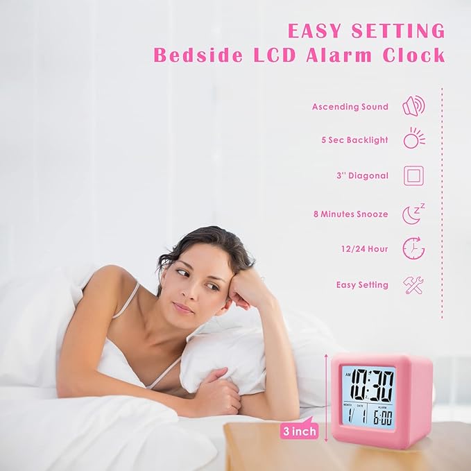 Plumeet Digital Alarm Clock Kids Clock with Snooze and White Nightlight - Easy Setting Travel Alarm Clocks Display Time, Date, Alarm - Ascending Sound - Battery Powered (Baby Pink)
