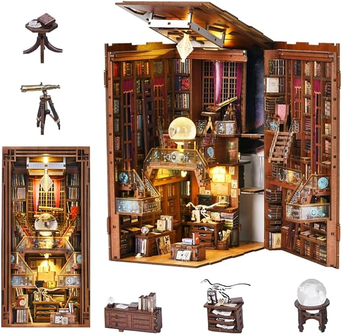 DIY Book Nook Kit, DIY Miniature Dollhouse Booknook Kit, 3D Wooden Puzzle Bookend Bookshelf Insert Decor with LED Light for Teens and Adults (Beyond Library)