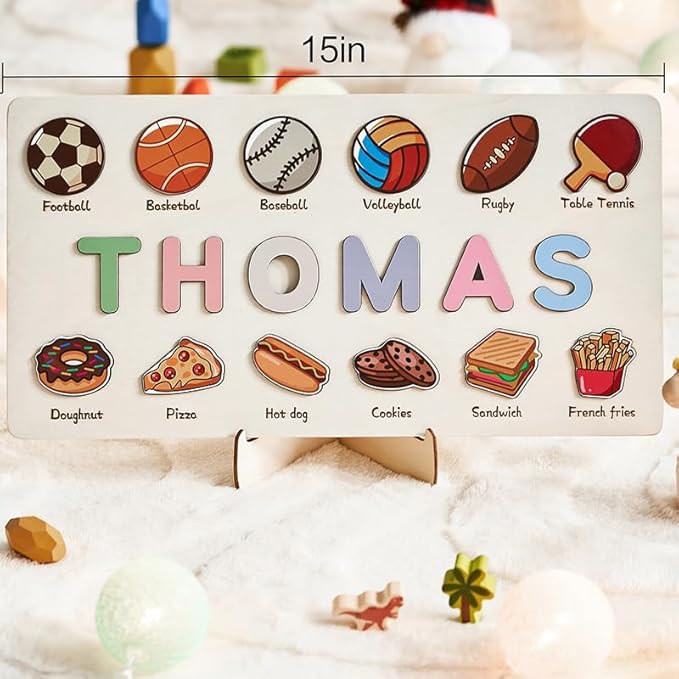 Name Puzzles for Toddlers 1-3,Wooden Puzzled,Personalized Name Puzzle for Kids,Custom Puzzle,Alphabet Number Shape and Football,Preschool Learning Educational Toys for Kids